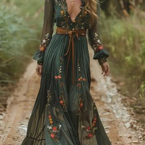 Boho Elegant Women's Round Neck Dress - Long Sleeve with False Drawstring Waist, High/Low Hem, Suitable for Spring/Summer/Autumn, Casual & Elegant | High Waisted Dress | Polyester Fabric - Waistband Not Included