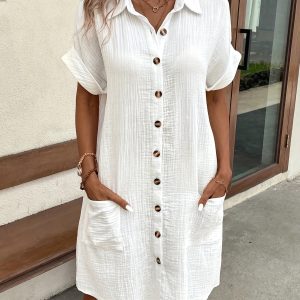 Women's 100% V Neck Shirt Dress - Light blue casual shirt dress with button detail, short sleeves and collar, machine washable, all-season comfort, all-season clothing|V Neck Dress |Button Detail