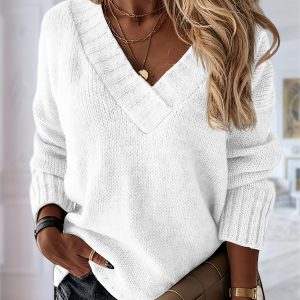 Women's Loose Sweater Sexy V-Neck Long Sleeve Solid Color Knit Pullover Top