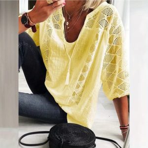 Plus Size Geometric Cutout Tunic Top - 3/4 Sleeve Cotton Shirt (L-5XL) | Machine Washable & Layered Breathable Cotton Lining | Sleek Asymmetrical Hem | Easy to Style 3/4 Sleeve Design for Curves | Easy to Machine Wash