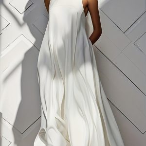 White Long Women's Summer Sleeveless Pocket Solid Color Split Round Neck Loose Simple Pleated Long Dresses